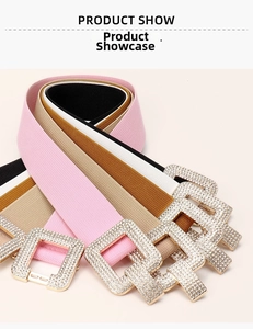 Detail of wide elastic waist belts for women with luxury rhinestone buckles in four colors