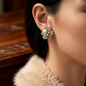 Elegant French vintage floral stud earrings with pearls and sparkling crystal rhinestones