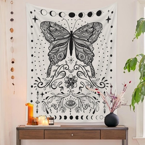Bohemian black and white butterfly tapestry with phases of the moon for wall decor