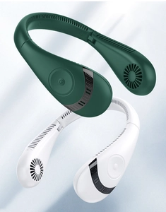Close-up of portable neck fans in green and white with dual-turbine bladeless design