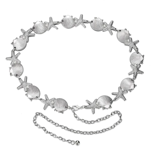 Bohemian silver waist chain featuring shell and starfish metal charms with lobster clasp