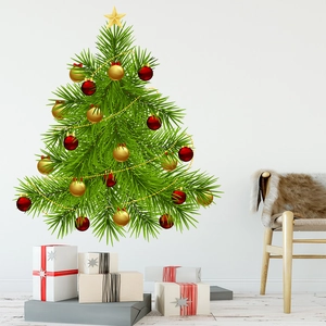 Festive green Christmas tree wall sticker with gold stars and red ornaments for home decor