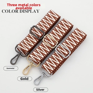 Adjustable woven purse straps showing gunmetal, gold, and silver metal hardware hooks