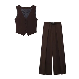 Tailleur Gilet Sans Manches Et Pantalon Large Femme Col V Bouton Gilet Pantalon Taille Haute Ceinture Marron Foncé