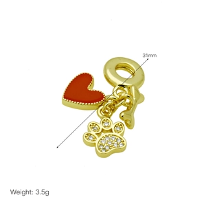 Gold-plated heart, bone and paw pendant with red enamel and cubic zirconia stones
