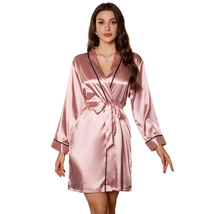 Pink satin women's long sleeve bathrobe with black contrast piping and waist tie