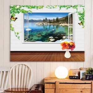 Detailed macro view of 3D window view tapestry showing snowy mountains and lakeside scene