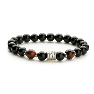 Men's beaded bracelet with tiger eye stones and polished black beads on white background