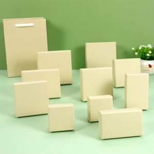 Minimalist kraft paper jewelry box set with matching paper bags on light green background