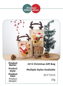 Detailed view of burlap Christmas candy bag with reindeer antlers and snowman embroidery