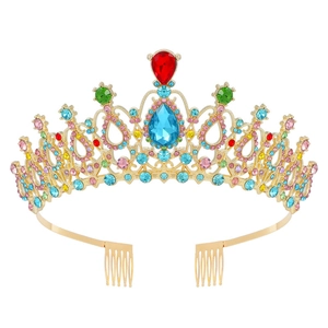 Elegant gold bridal tiara crown with colorful rhinestones and secure double hair combs