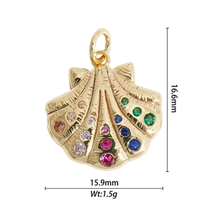 Detailed view of a gold shell pendant with colorful gems including size and weight specs