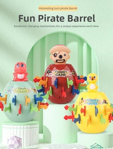 Close-up of three colorful novelty pirate barrels on a white display stand