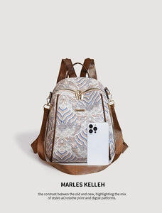 Close-up of the retro wave pattern and metal zipper on the Chinese style backpack