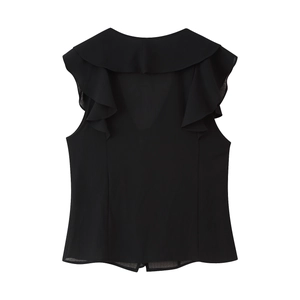 Back view of black sleeveless fashion top with layered ruffles on a white background