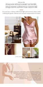 Detailed view of pink silk satin pajama set with deep V-neck and ruffled hem shorts