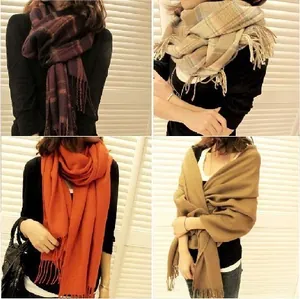 Collage of checkered and solid pashmina scarves with tassels in various colors