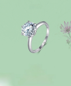 Close-up of S925 sterling silver ring featuring a six-prong setting with a round brilliant moissanite