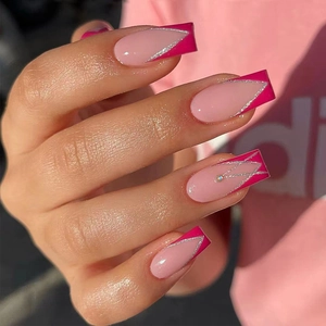 French V-Shape Press On Nails Rose Red Gradient Coffin False Nails Silver Glitter Rhinestone Luxury Manicure For Women