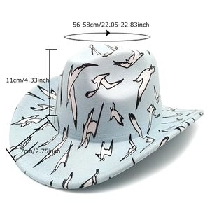 Light blue western cowboy hat with black swallow bird print and dimensions markers