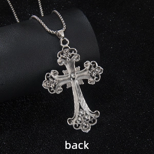 Hip hop punk style stainless steel cross pendant necklace with vintage silver finish and back view