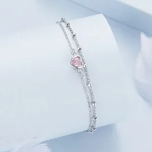 Elegant 925 sterling silver double-layer bracelet featuring a pink heart-shaped gemstone