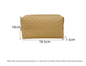 Detailed view of light brown woven cosmetic bag showing dimensions 18.5x10x7.5 cm