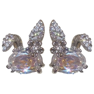 Sliver rabbit stud earrings with sparkling cubic zirconia stones on white background