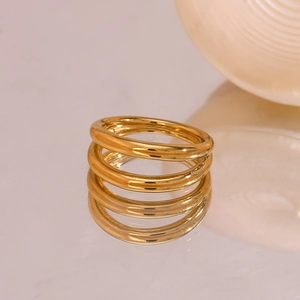 Detail view of 18K gold plated double layer polished stainless steel ring on reflective surface