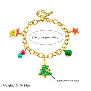 Detailed view of Christmas charm bracelet with enamel tree, bell and dimensions on white background