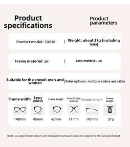 Detailed size chart for square frame sunglasses with frame width of 148mm and PC lens info