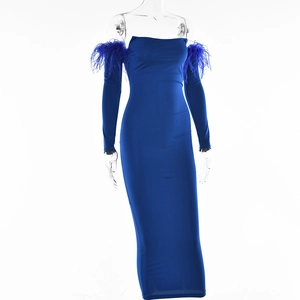 Detail of blue off-shoulder long sleeve dress featuring delicate feather cuffs and A-line cut