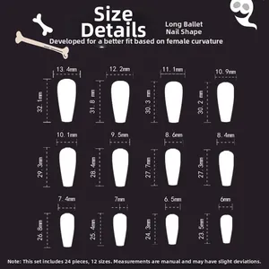 Detailed size chart for long ballerina press-on nails featuring 12 different dimensions