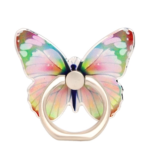 Detailed macro view of colorful butterfly phone ring holder with rotatable metal stand