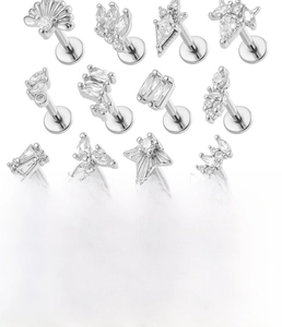 Detailed specs of F136 titanium labret studs with copper zircon geometric shapes
