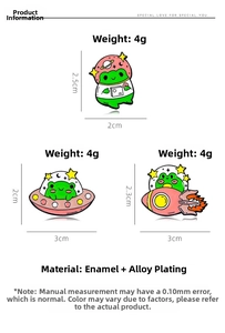 Detail view of cartoon frog enamel pins with astronaut, UFO and rocket designs