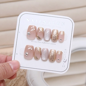 Faux ongles cat eye avec feuilles d'or et strass, couleur rose nude, taille M, lot de 10