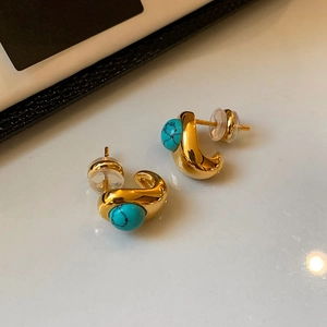 18k gold plated turquoise C-shape stud earrings with minimalist polished metal finish