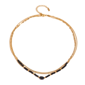Multi-layer gold chain necklace featuring black crystal beads and oval natural stone pendant