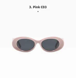 Detailed close-up of pink oval sunglasses frame with dark lenses and C03 color code