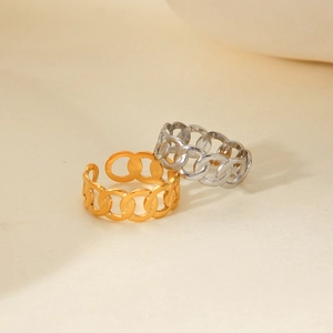 Gold and silver hollow chain rings with adjustable open design in stainless steel