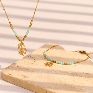 Stainless Steel 18K Gold Plated Coral Branch Necklace And Bracelet Green Natural Stone Beads Jewelry For Women