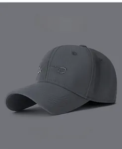 Detail of dark grey baseball cap featuring Sports cursive embroidery and breathable eyelets
