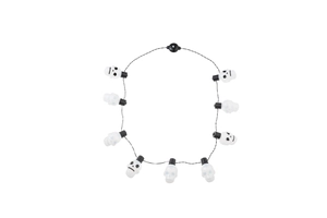 Halloween LED necklace with nine white skull bulbs and black wire for party decor