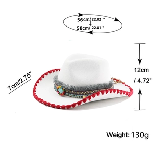 Detailed size specifications for white felt cowboy hat with red stitching and turquoise