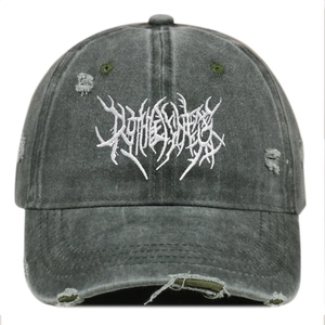 Distressed dark gray washed cotton baseball cap with white Gothic Ruthless embroidery