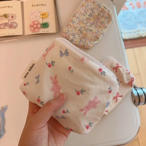 Floral cotton mini zipper pouch with cute pink rabbit print for coins and cards