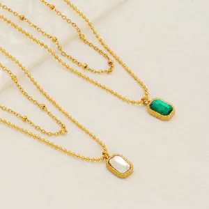 Retro Double Layer Necklace 18K Gold Plated Stainless Steel Rectangular Emerald Zircon Pendant For Women Elegant Jewelry