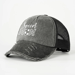 Vintage gray and black Soccer MOM trucker hat with distressed brim and mesh back