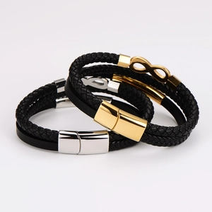 Bracelet multicouche en cuir tressé pour homme avec symbole infini et fermoir magnétique